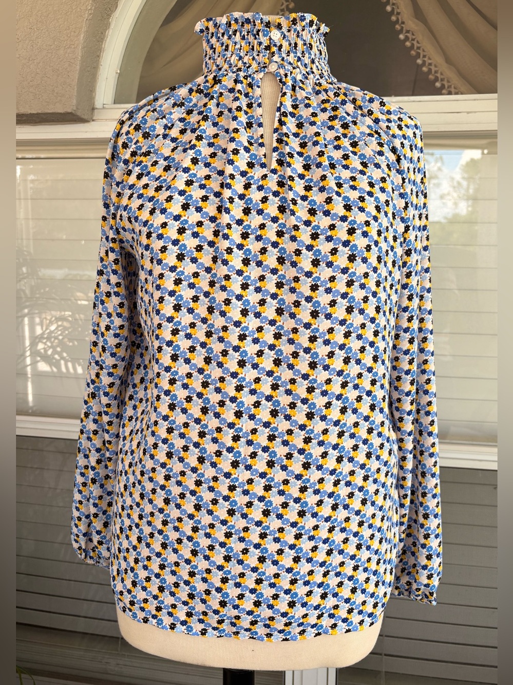 LOFT Blue and Yellow Smocked-Neck Floral Blouse - Picture 2 of 6